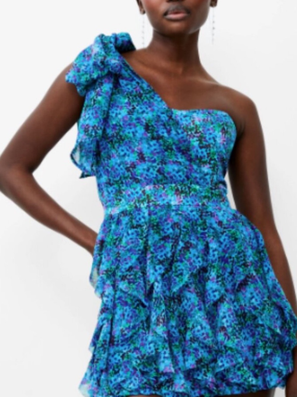 French Connection Blue Floral One-Shoulder Ruffle Dress